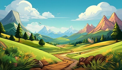 cartoon style landscape with mountains in the background