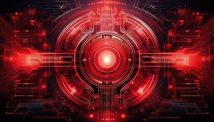 Obraz premium a detailed red cybersecurity interface featuring a central hub with illuminated circuit patterns and data streams representing intricate network protection and threat detection systems