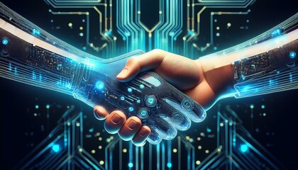 in an advanced tech industry a handshake symbolizing trust and collaboration is combined with transparent quantum circuits with a minimalistic and simple style it symbolises trust and