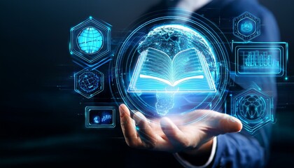 futuristic holographic education interface with interactive textbooks and global visualization