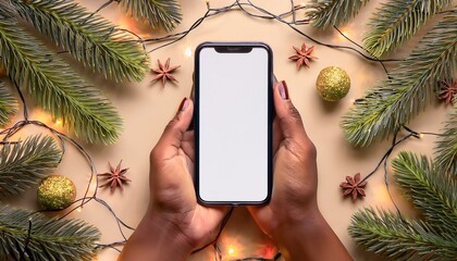 illustration of a mockup featuring hands holding a smartphone with a blank screen surrounded by festive string lights and pine branches on a light beige background