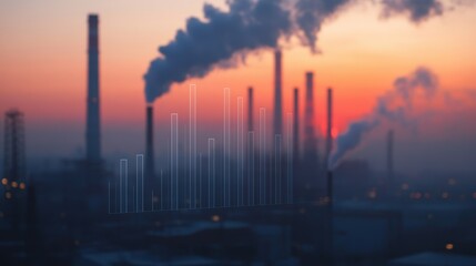 Obraz premium Graph illustrating rising levels of industrial air pollution emitted by smokestacks at a factory, set against a stunning orange sunset, highlighting environmental challenges and concerns