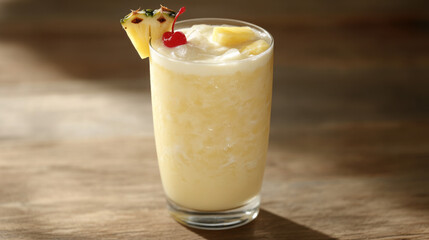 Tropical pina colada refreshing garnished with fresh pineapple and cherry on wooden table