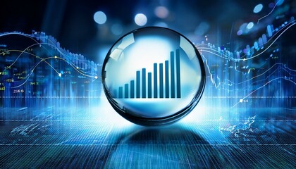 crystal ball showing growing bar graph reflecting on financial charts in futuristic background