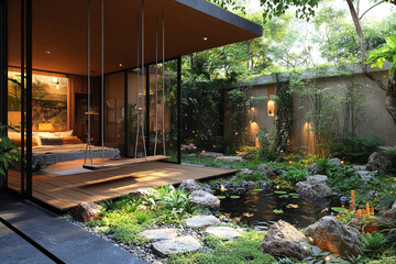 Serene Bedroom Garden Oasis With Pond And Swing