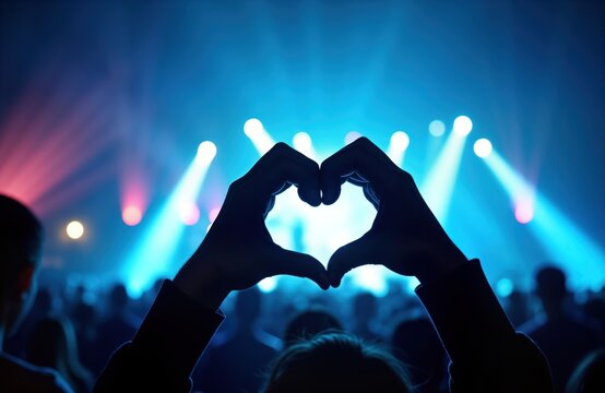 Audience enjoys live music performance. Silhouette of hands forming heart shape in front of stage lights. Celebration of music, love. Enthusiastic crowd at night concert. People in concert venue
