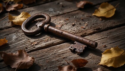 Vintage rusty key on weathered wooden surface surrounded by autumn leaves.