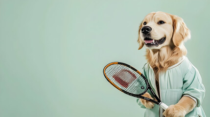 Determined golden retriever in a tennis outfit holding a racket, symbolizing athleticism and fun, perfect for sports branding or youth campaigns