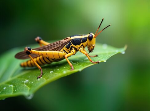 Closeup view of grasshopper on green leaf. Insect eating leaf. Vivid colors, textures of grasshopper. Detail macro photo of nature. Wildlife concept. Summer time. Insect pests. Green leaf. Yellow,