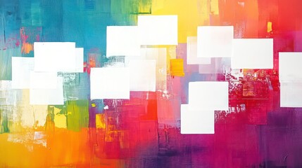 Abstract colorful painting with white squares.