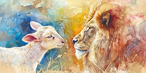 White Lamb and Lion Depicted in Beautiful Watercolor, Representing Biblical Concepts of Peace, Strength, and Faith