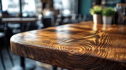 Obraz premium Close-up of a rustic wooden table in a cafe.
