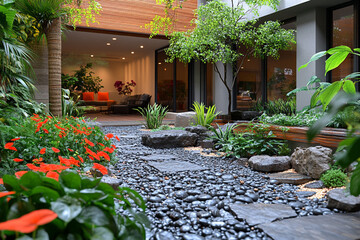 Obraz premium Tranquil Modern Garden Design With Lush Greenery And Stone Path