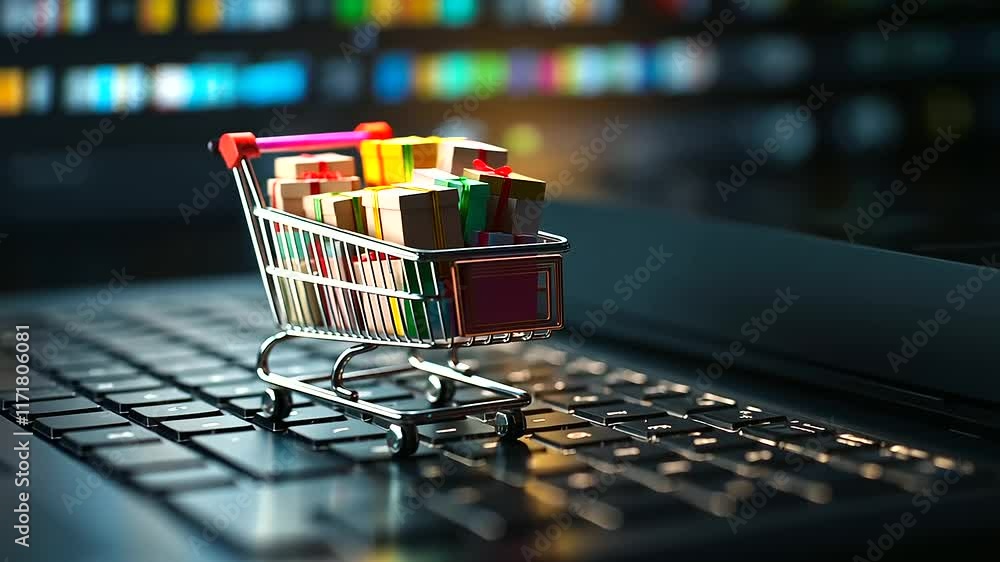 Poster a miniature shopping cart overflowing with colorful packages and boxes placed on an illuminated lapt