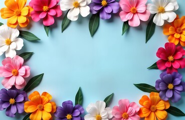Colorful handmade paper flowers create vibrant border on light blue background. Floral arrangement ideal for various occasions. Paper blossoms offer beautiful design element for spring, summer,