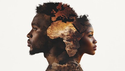A double exposure illustration of an African American man and woman with deep brown skin, featuring the map of Africa in the background Generative AI