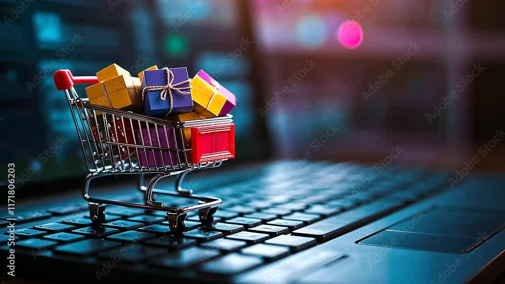 Poster a miniature shopping cart overflowing with colorful packages and boxes placed on an illuminated lapt