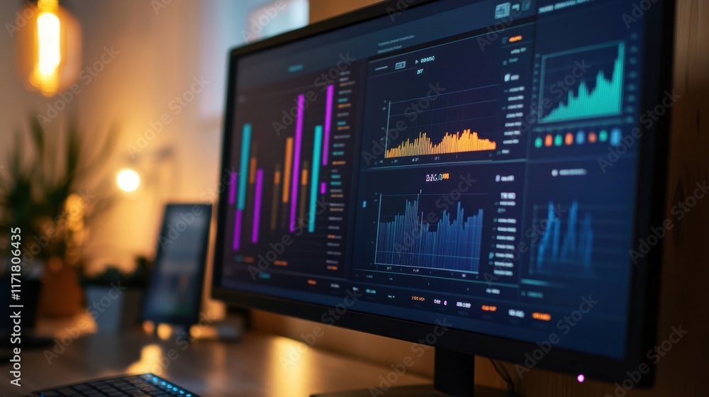 Poster large monitor displays various colorful financial charts and graphs, indicating data analysis and ma
