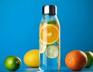 a glass water bottle with citrus fruit on a blue isolated background