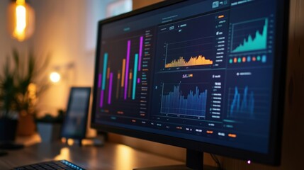 Large monitor displays various colorful financial charts and graphs, indicating data analysis and market trends in a comfortable home office setting with warm lighting