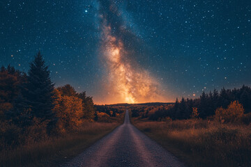 Naklejka premium Country Road Underneath a Starry Night Sky