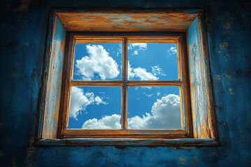 Fototapeta premium A weathered wooden window frames a bright blue sky and fluffy clouds