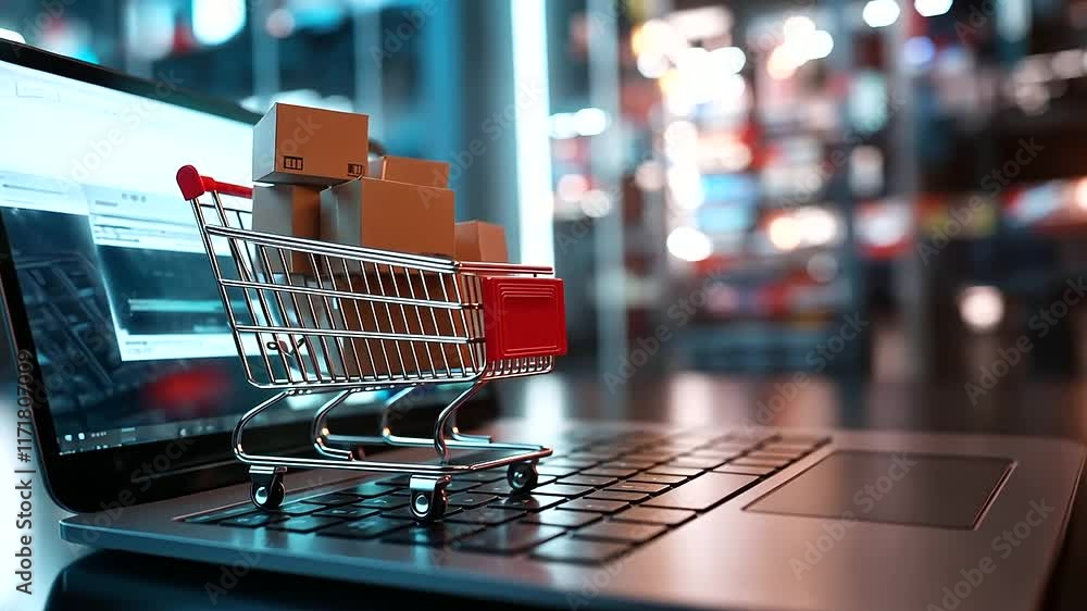 Poster a cheerful shopping cart filled with neatly packed boxes perched on the keyboard of an open laptop, 