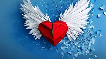 Origami red heart with white wings on blue background, symbolizing love and romance for valentine's day celebration