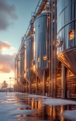 Modern Grain Silos at Sunset with Warm Cinematic Lighting

