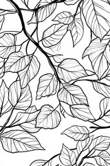 Intricate black line drawing of leaves on a white background, showcasing delicate details and organic forms.