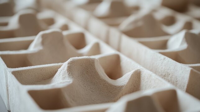 Close up view of a molded pulp packaging highlighting its compartments, designed to securely hold fragile items and prevent damage during transport