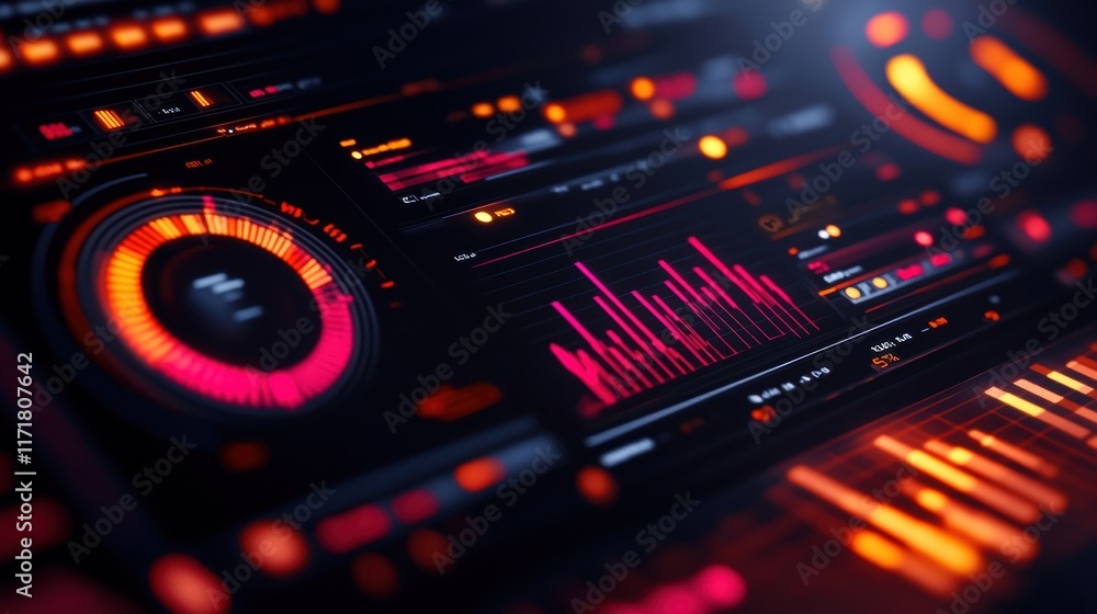 Poster futuristic dashboard interface glowing with red and orange lights, visualizing complex data through 