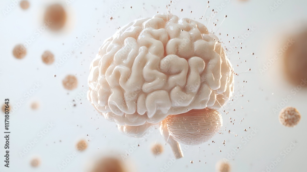 Poster 3d render of a human brain with particles surrounding it.