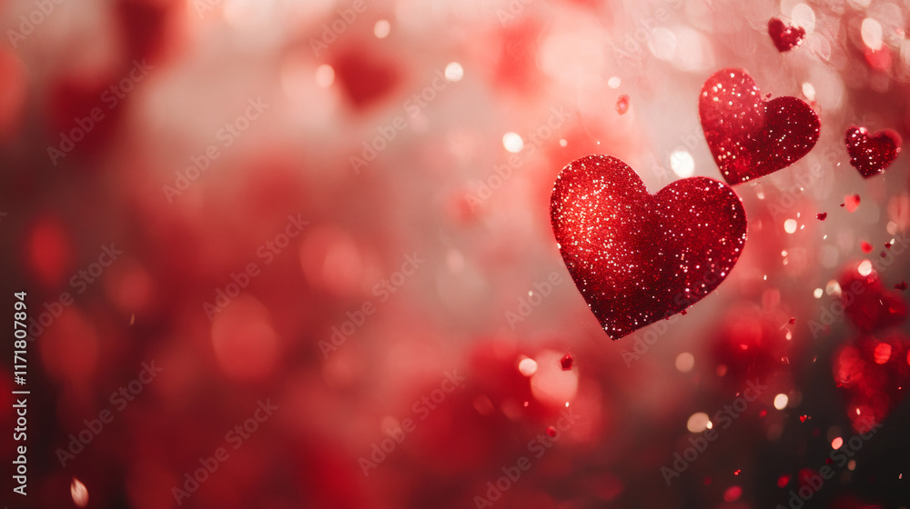 Poster shimmering red glitter hearts falling softly, blending with dreamy bokeh background for romantic val