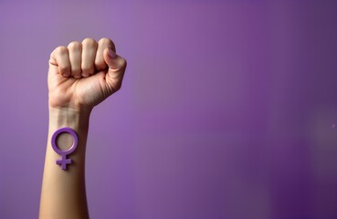 Woman raises purple fist symbol of strength, female empowerment. International Women Day theme. Feminist movement concept. Purple background highlights significance of symbolic action for women