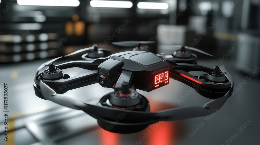Poster hovering in a modern warehouse, a sleek black surveillance drone features red lights signaling its a