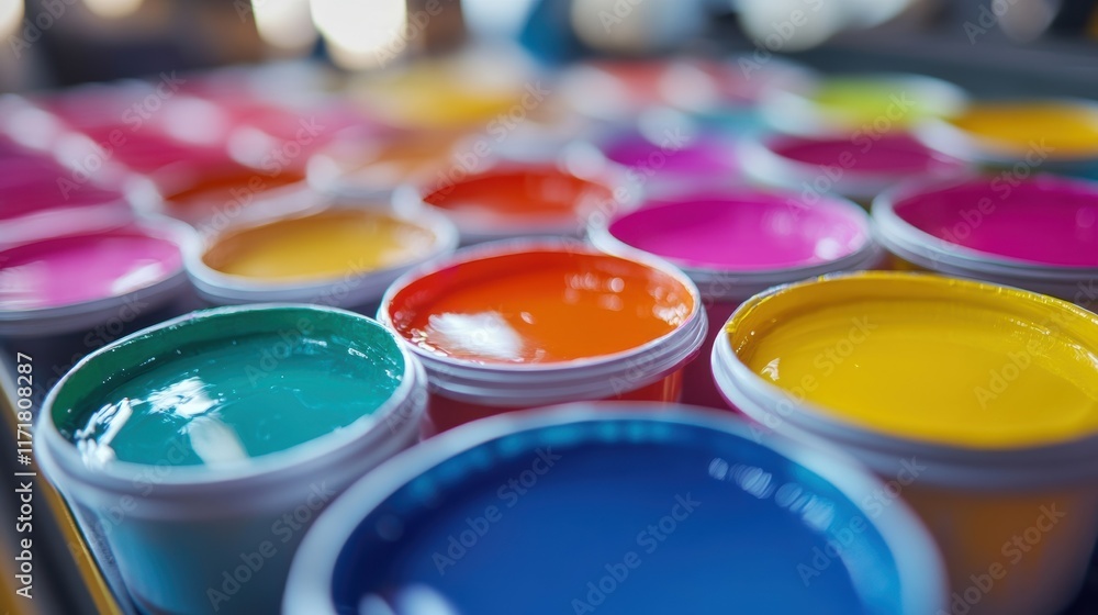 Aufkleber many colorful paint cans are open and ready to be used in offset printing, creating a vibrant and co