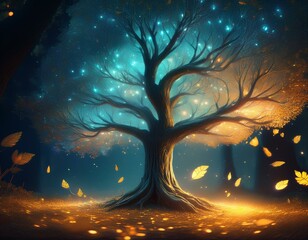 magical tree with glowing leaves illuminating a dark forest at night some leaves are flying in the air