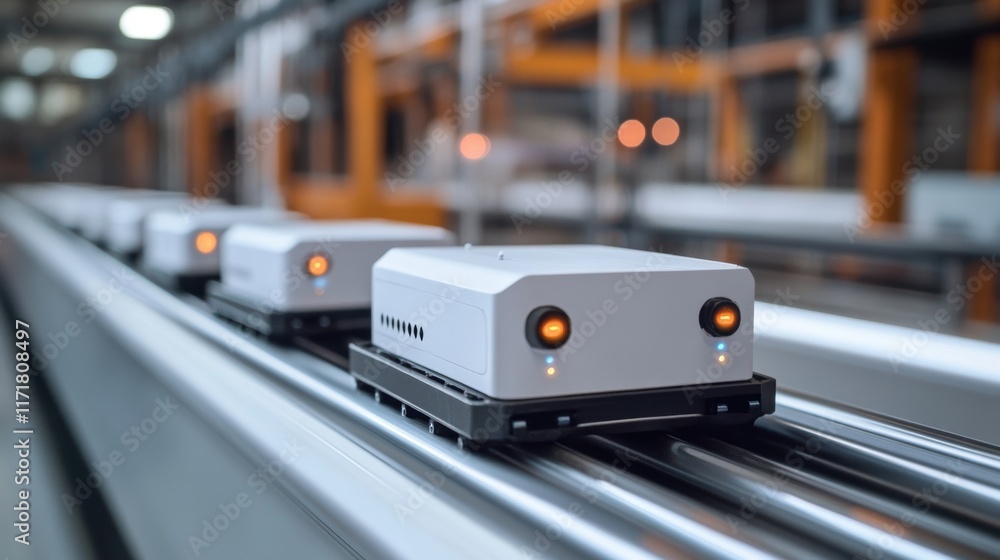 Poster white automated guided vehicles or agvs are moving on an assembly line inside a modern factory, repr