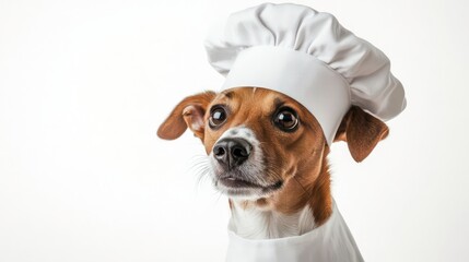 Adorable dog wearing a chef's hat and jacket, looking to the side against a white background.