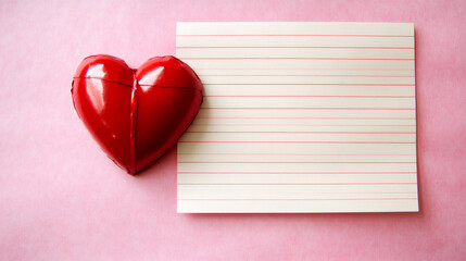 Heart-shaped symbol lying on lined notebook page, symbolizing romantic sentiment and personal love declaration for Valentine's Day