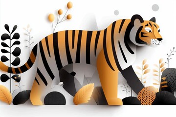 Illustrated tiger among abstract foliage. modern art and design inspiration