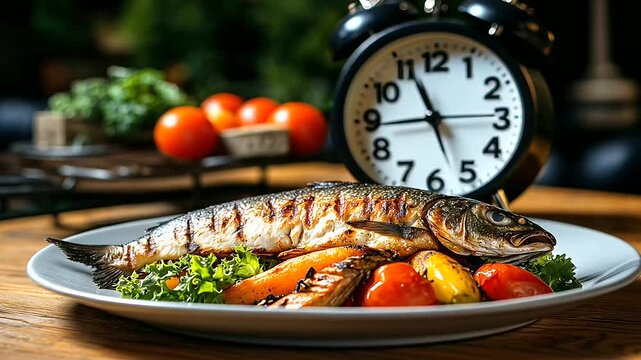 A plate of hearty, nutrient-rich food like grilled fish and roasted vegetables, set against a background of a ticking clock on a wooden dining table