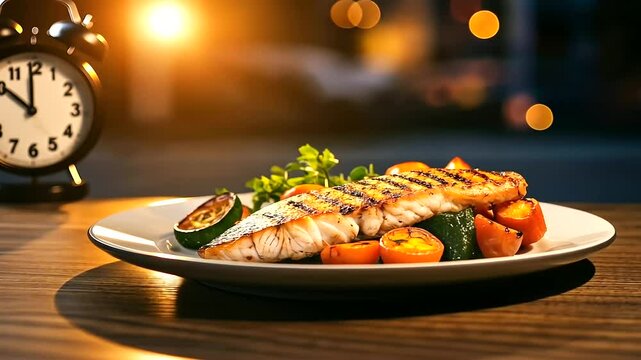 A plate of hearty, nutrient-rich food like grilled fish and roasted vegetables, set against a background of a ticking clock on a wooden dining table