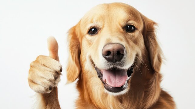 Happy golden retriever dog giving thumbs up.