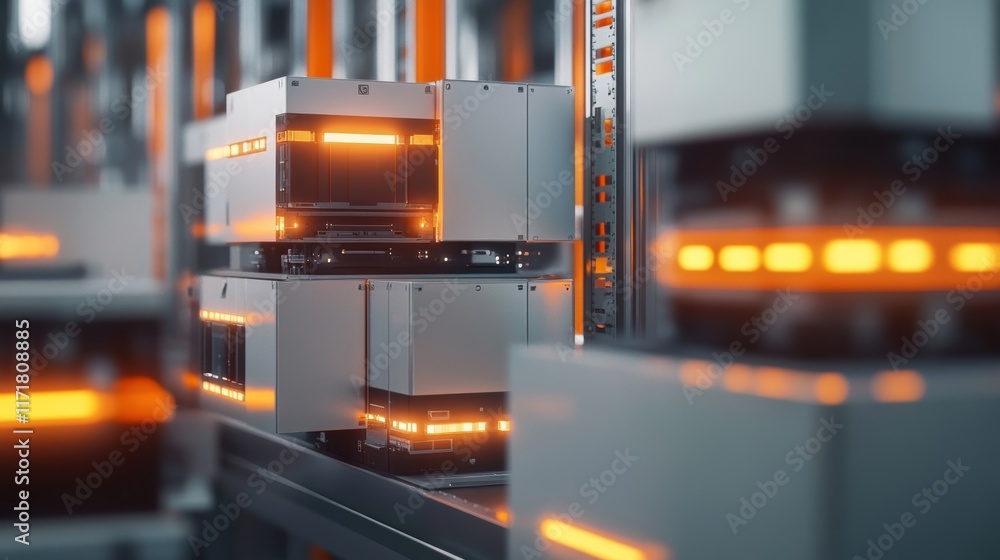 Poster server units are processing data with glowing orange lights in a modern data center, highlighting th