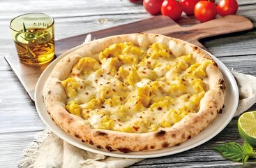 A creamy pizza topped with golden mashed potatoes, melted cheese, and a hint of spice, delivering a comforting and indulgent experience.