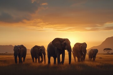 Fototapeta premium Elephants walking in the savanna at sunset. nature and wildlife exploration