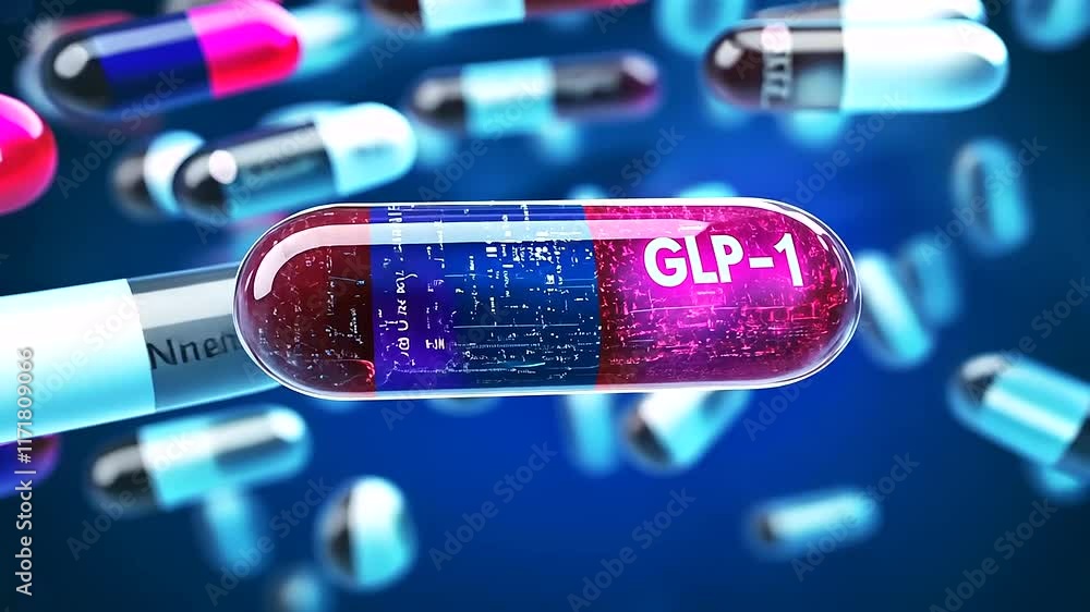 Poster a digital concept image of colorful capsules with glp- text, floating in a transparent vial, against