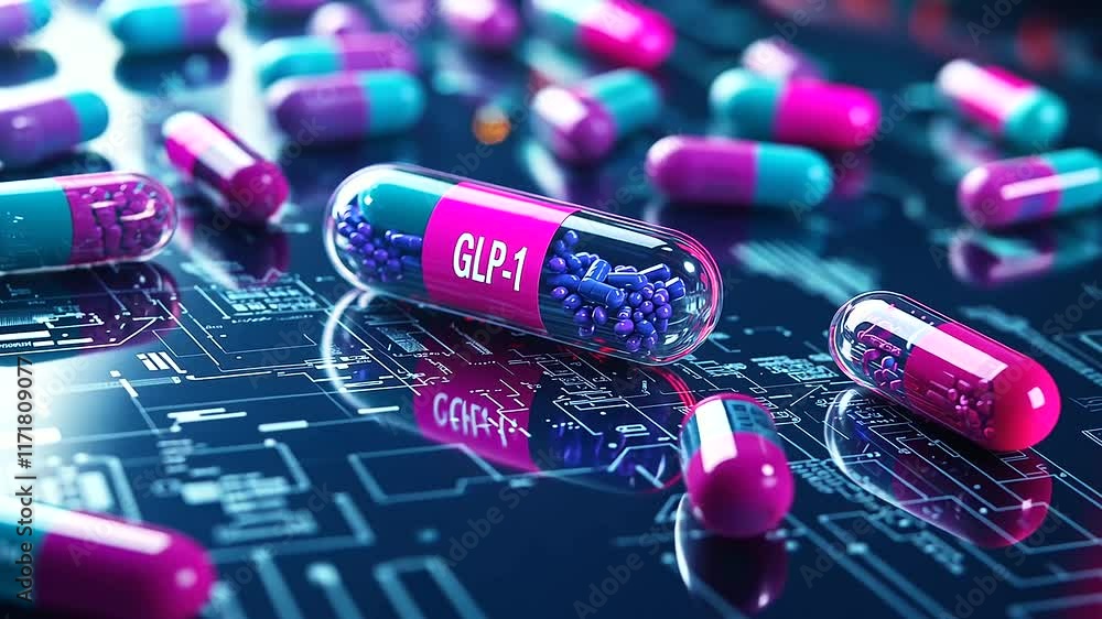 Poster a digital concept image of colorful capsules with glp- text, floating in a transparent vial, against